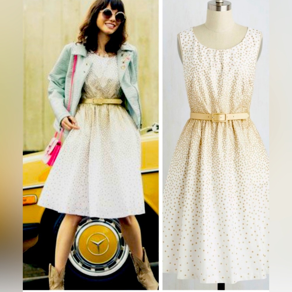 Modcloth Cream Dress with Gold Polka Dots